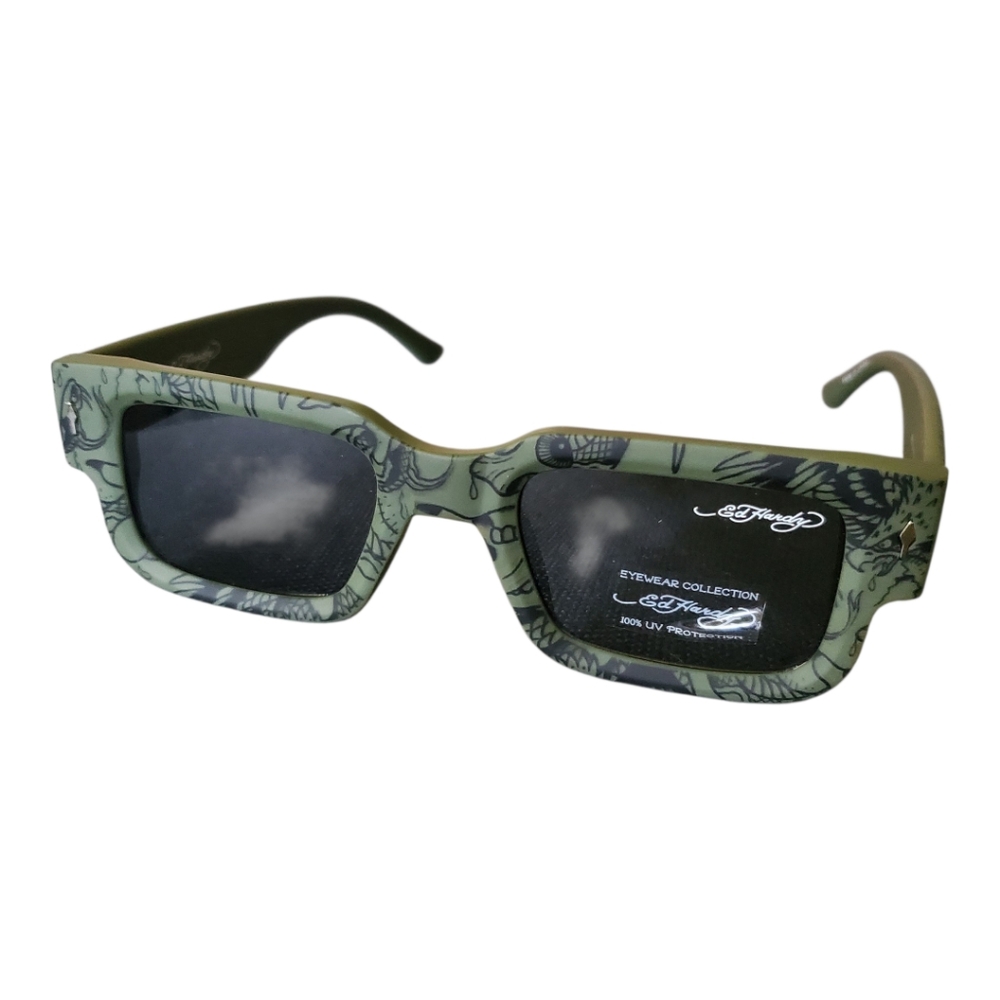 Ed Hardy Camouflage Green Square Frame Designer Sunglasses New